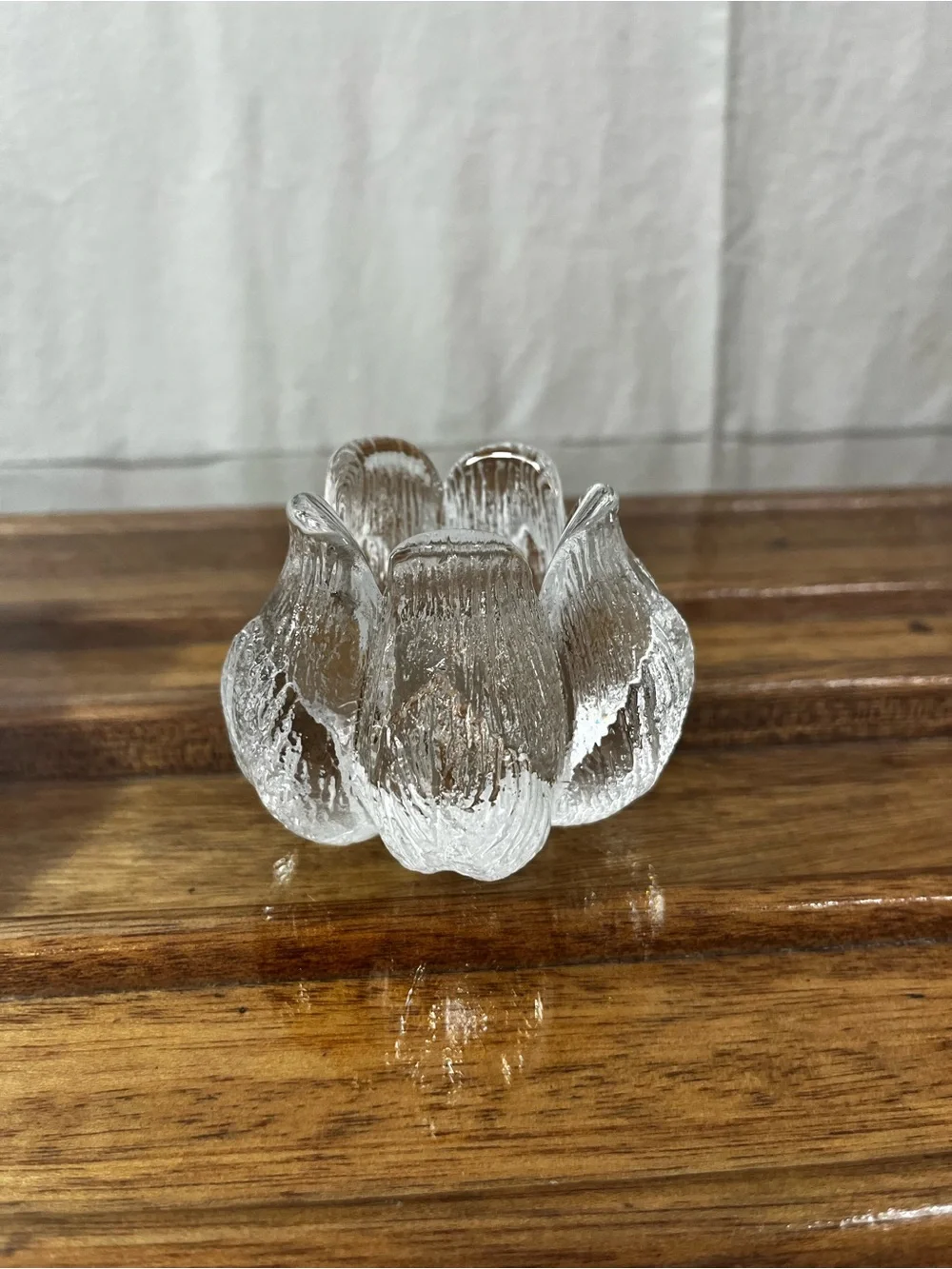 Vintage Clear Textured Ice Glass Tulip Lotus Votive Tealight Candle Holder